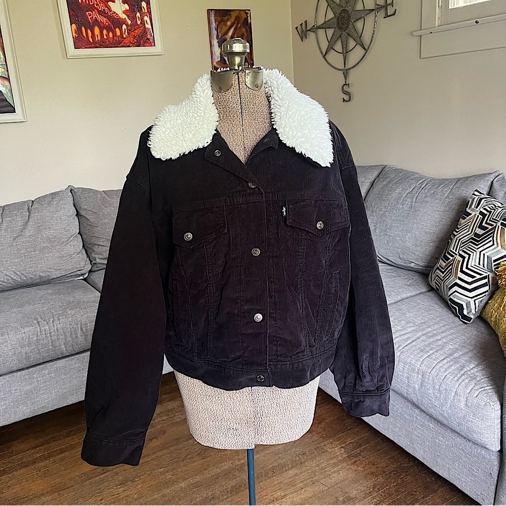 LEVI - WOMENS - BLACK SHERPA COLLAR CORDUROY JACKET - LARGE